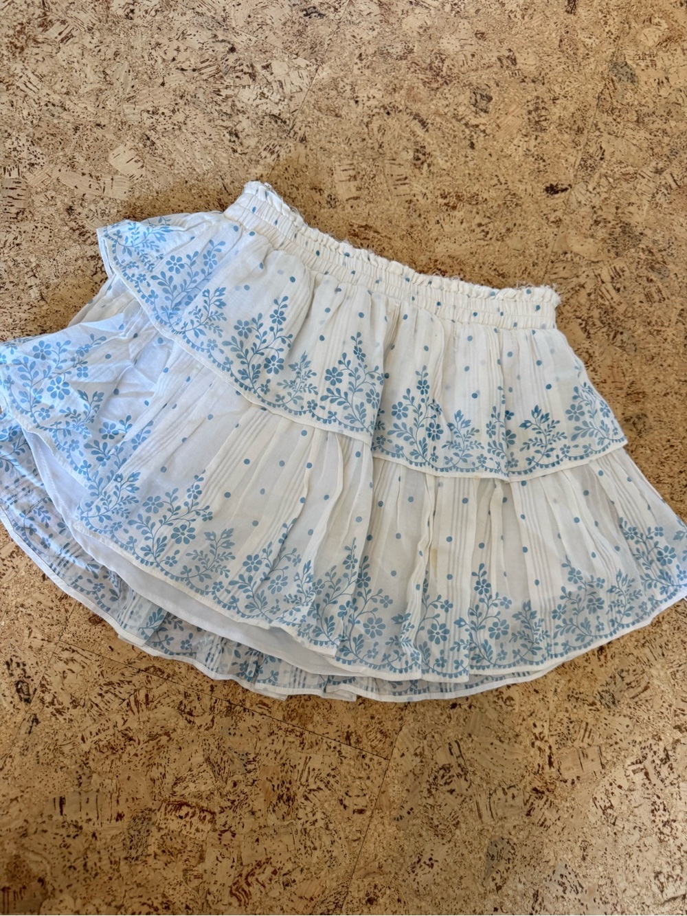LoveShackFancy White Mini Skirt with Light Blue Floral Embroidery